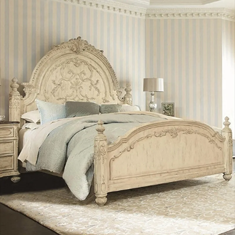 سرير فرنسي كلاسيكي من الخشب الصلب المنحوت باللون الذهبي غرفة نوم رئيسية بطول 2 متر سرير كبير أوروبي مزدوج مع #2
