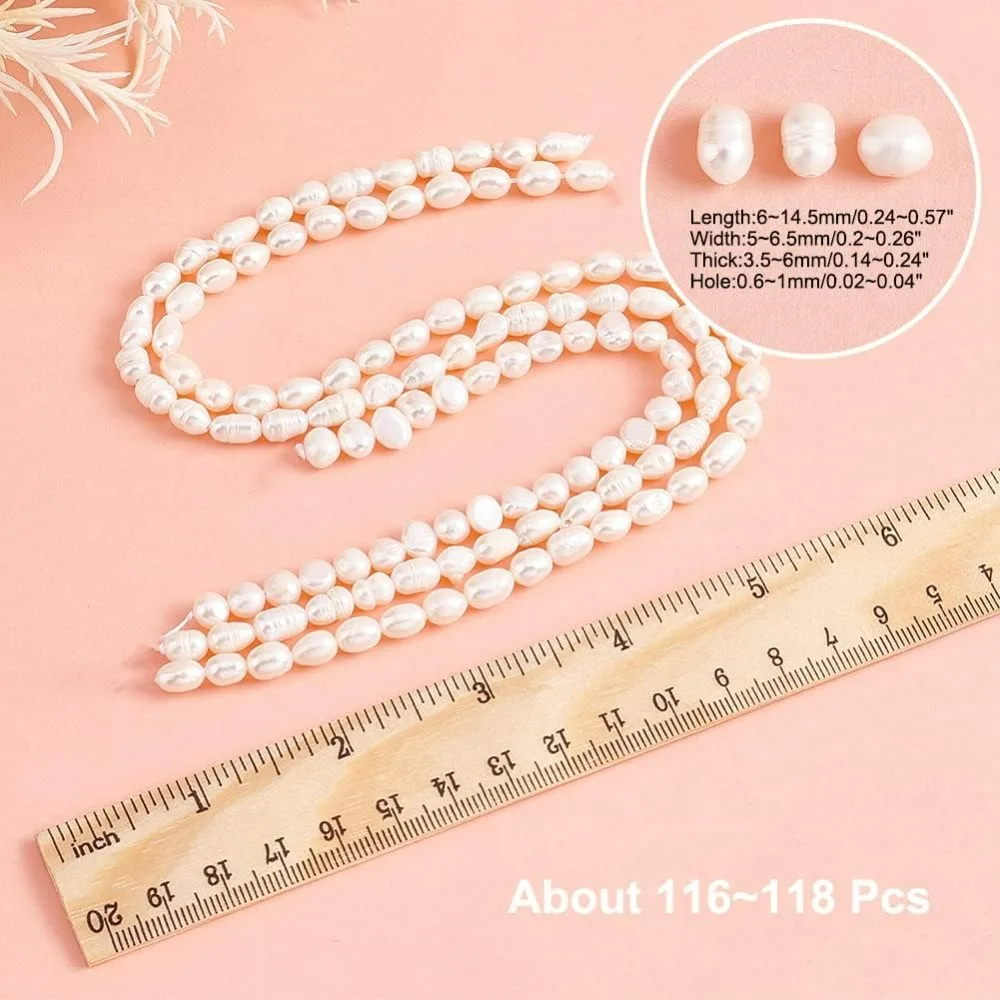 About 116 Pcs Natural Cultured Freshwater Pearl Beads, 3 Styles Grade B White Rice Shape Freshwater Pearl Loose Two Sides