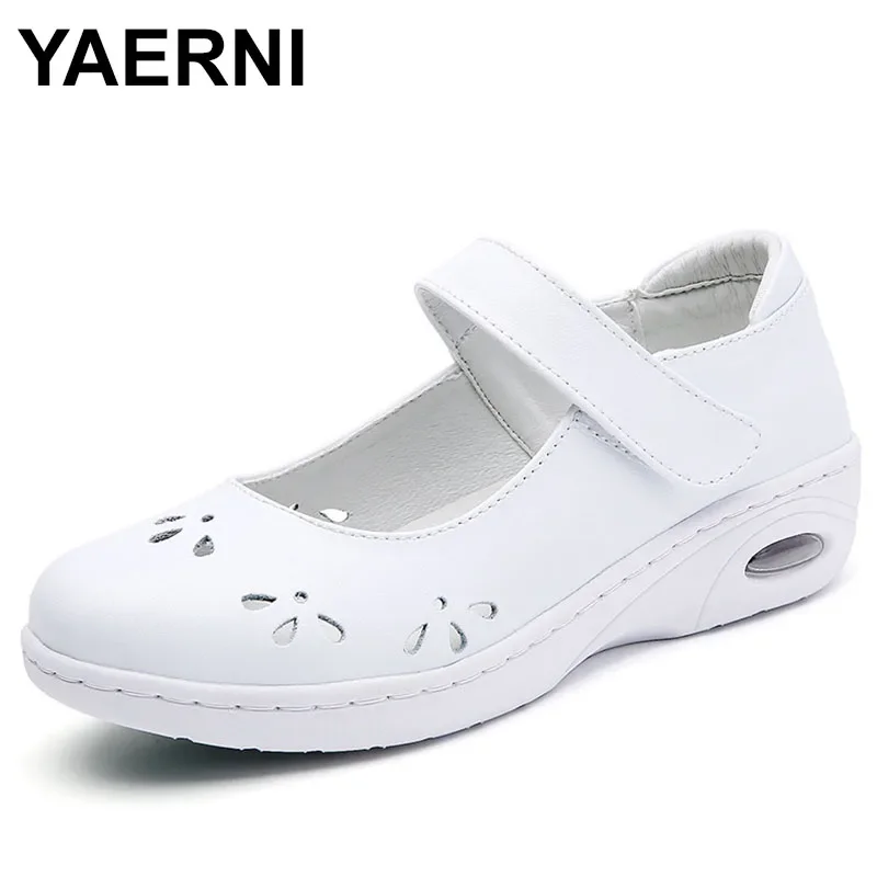 Comfortable Cow Leather Hospital Nurse Shoe Anti Slip Loafer White and black zapatos de mujer  flat shoes women