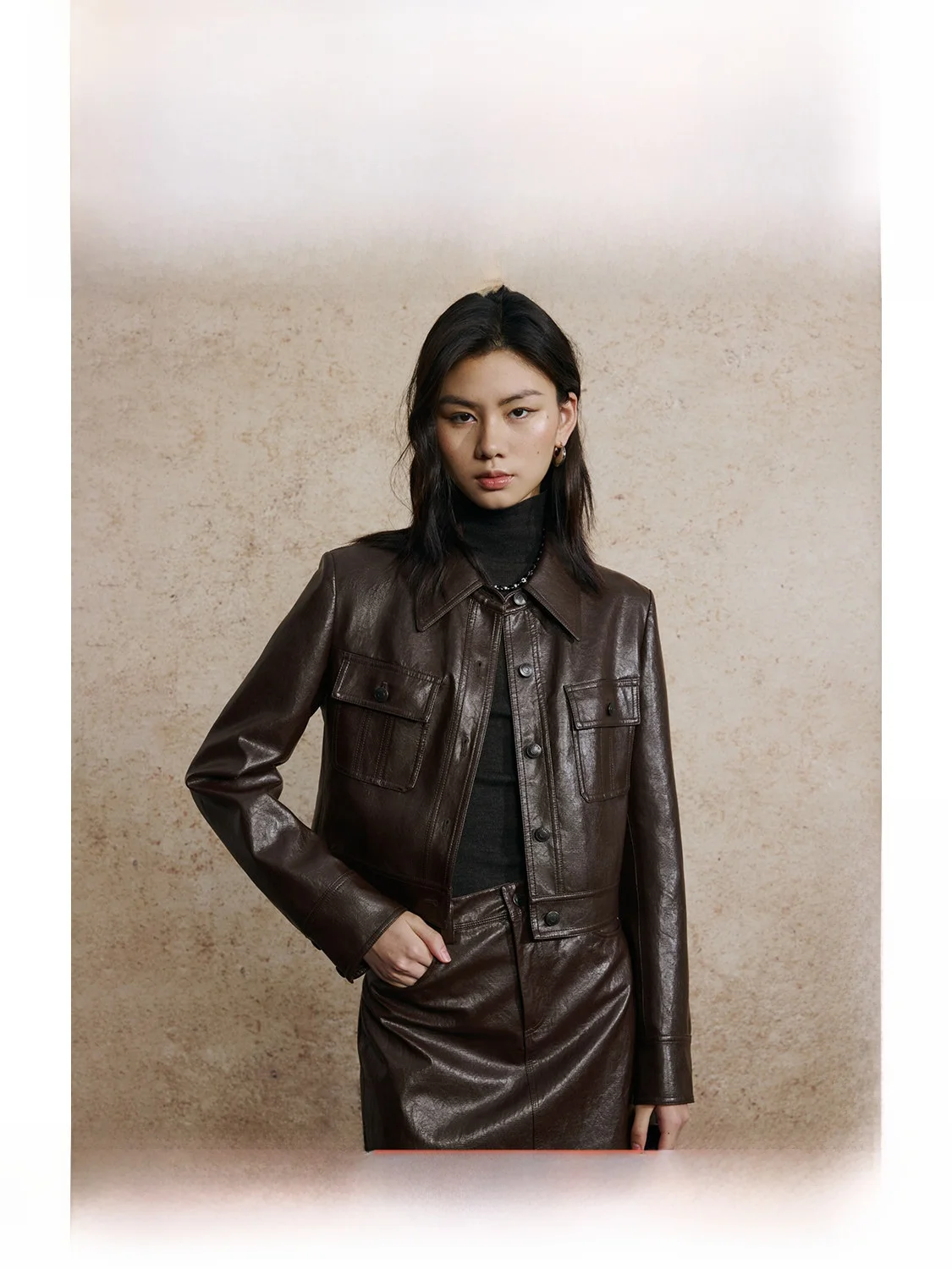 

ZhiZhi Vintage Style Short PU Jacket And A-Line Skirt Set Women's Fashion Autumn Collection Long Night Series Regular Fit