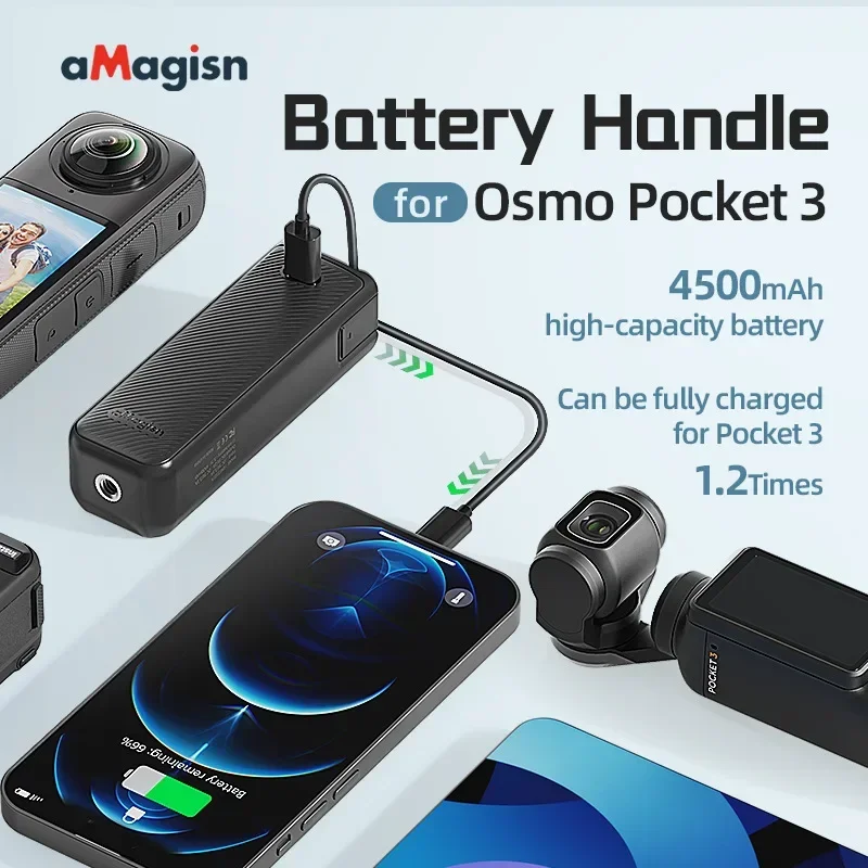 aMagisn 4500mAh Battery Handle for DJI Osmo Pocket 3 Camera Charger Handheld Power Bank Charging Secure Type-C Interface