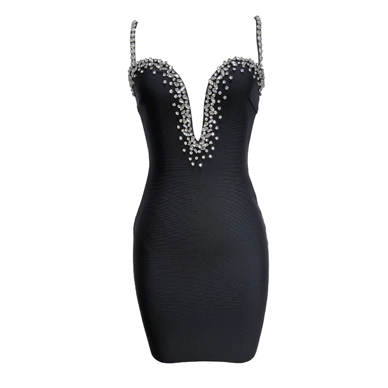 Imagem -04 - Vestido Feminino com Diamante Negro Bodycon Bandagem Pulseira Sexy de Espaguete Celebridade Elegante Noite Festa na Passarela Baile Verão