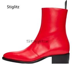 Red Genuine Leather Men's Ankle Boots Pointed Toe Side Zipper Chelsea Boots British Style Fashion Handmade Male Party Shoes