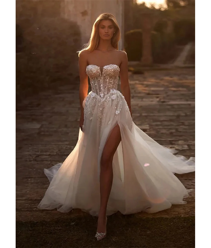 

MCDV Customized Sexy Tulle A-Line Sequined Crystal 3D Flowers Evening Dress High Quality Sweetheart Women Wedding Gowns