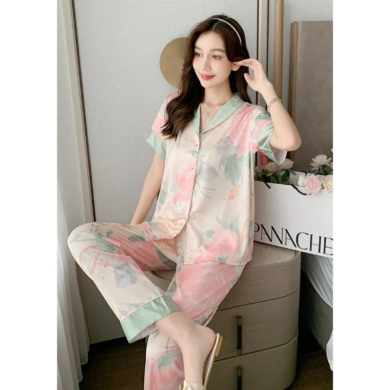 Spring Summer Satin Silk Pajamas for Women Short Sleeves Long Pants Thin Two Piece Woman New Lapel Pijamas Casual Sleepwear