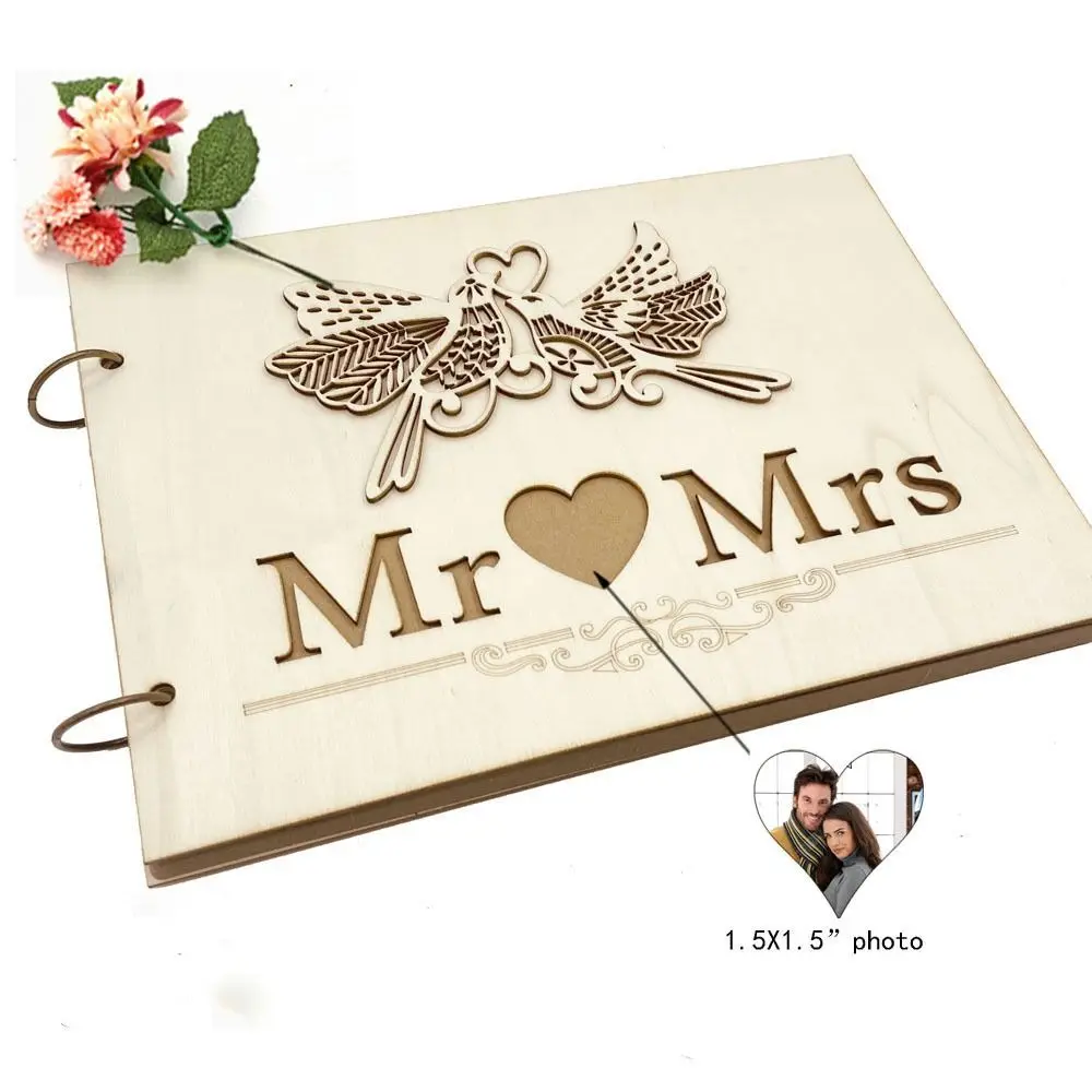 Exquisite Wood Wedding Guest Book Natural Colour 27*19 CM Guest Registration Book Golden Wedding Sign-in Book Anniversary