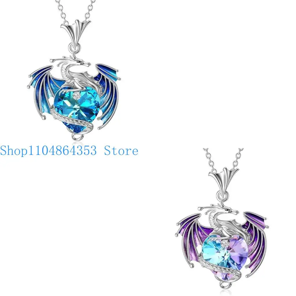 

652F Dragon Wrapped Pendant Necklace Heart Charm Clavicle Chain Fantasy Crystal Flying Dragon Necklace Jewelry Birthday Decor