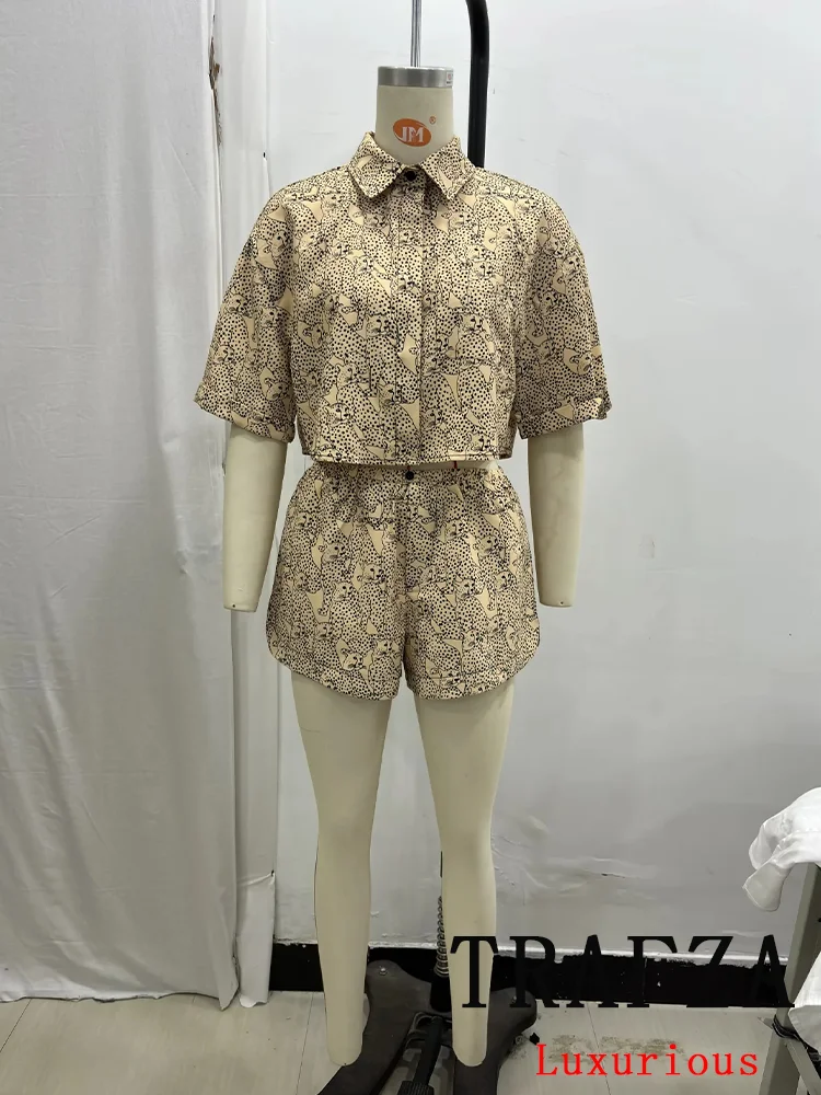 TRAFZA Casual Print Chic Women Suit Single Breasted Turn-down Collar Blouse Loose Straight Shorts New Fashion 2024 Summer Sets