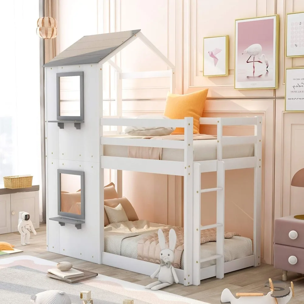 Harper & Bright Designs Litera doble sobre casa doble, marco de cama para casa infantil, litera de madera con techo, ventana, barandilla, escalera