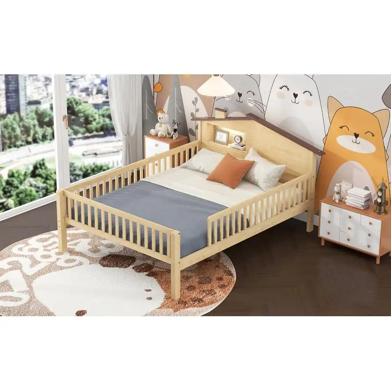 سرير بمنصة خشبية كاملة الحجم مع لوح رأسي على شكل منزل وأضواء LED وتخزين مدمج بلمسة نهائية طبيعية #6