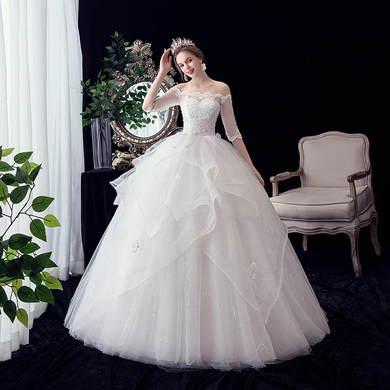 Customized wedding dresses new one-word shoulder mid-sleeves dream lace up wedding dress plus size embroidery ball gowns