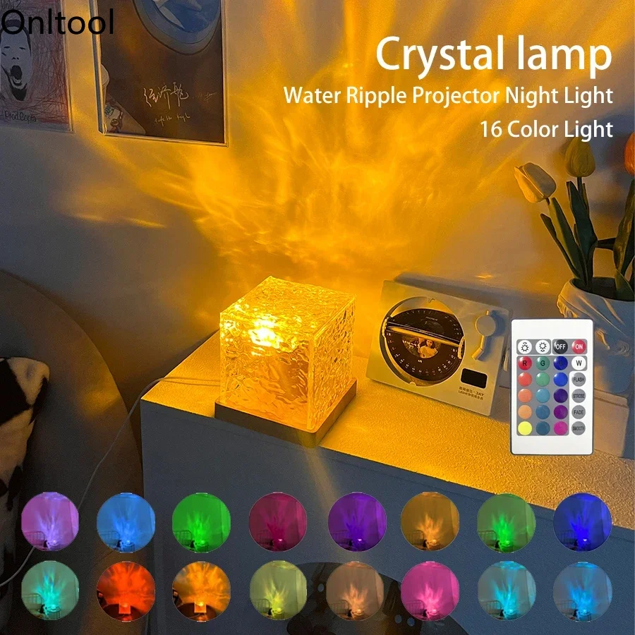 3/16 Colors Dynamic Rotating Water Ripple Projector Night Light Flame Crystal Lamp for Living Room Study Bedroom Rotating Light