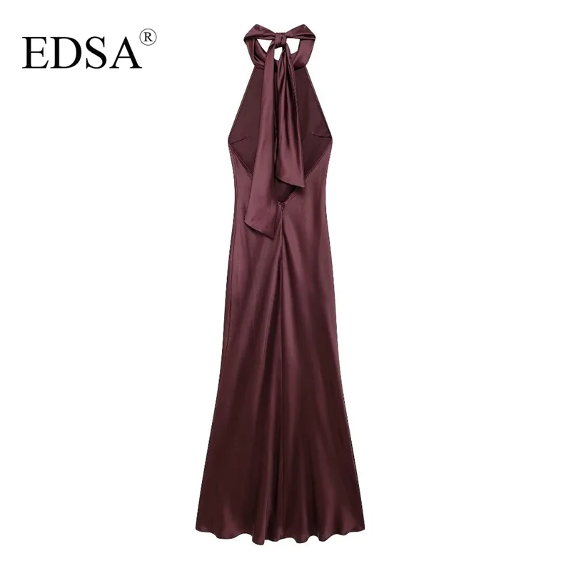 EDSA Women Summer Hanging Neck Strap Backless Maxi Dress Slim Brown Satin Dress Fashion Sexy Elegant Party Evening Gowns