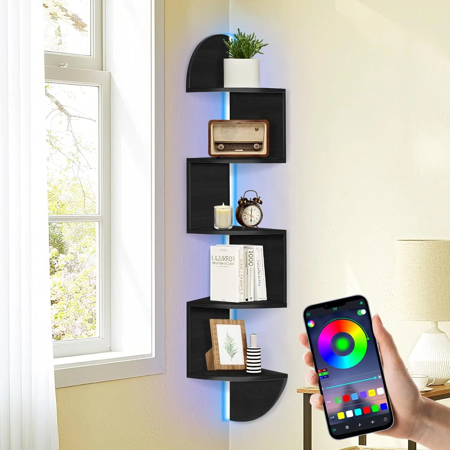 

5-Tier Corner Shelf with Light, Wall Mounted Floating Display for Bedroom, Bathroom, Living Room, Kitchen