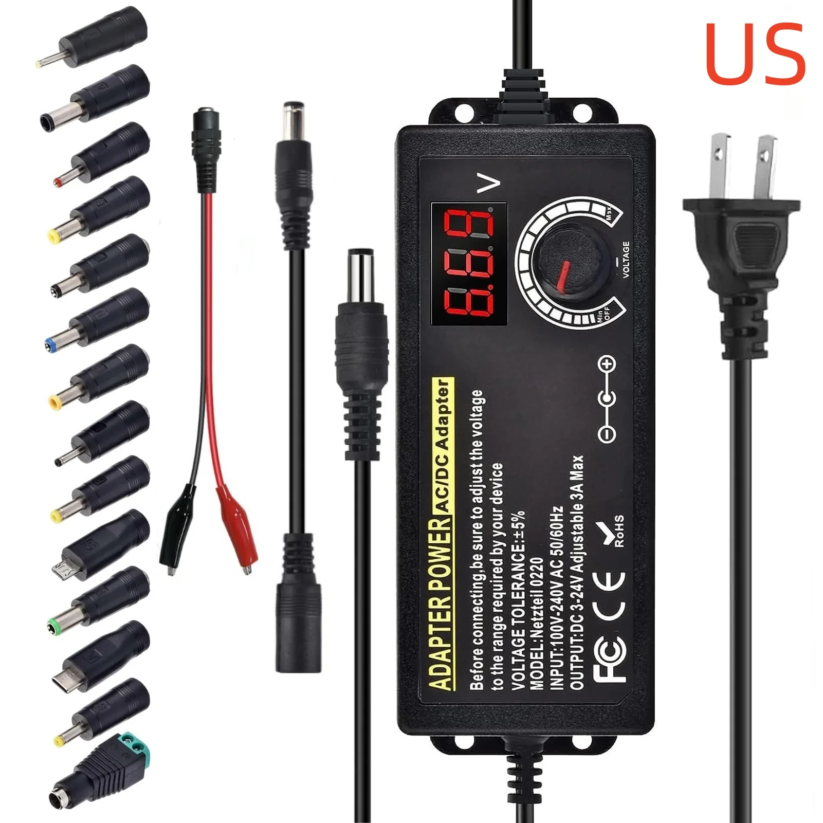 AC naar DC Voeding Verstelbare Laboratoriumvoeding Stroombron 3V-24V-3A Draagbare Universele Adapter EU/US Plug Alligator Clip