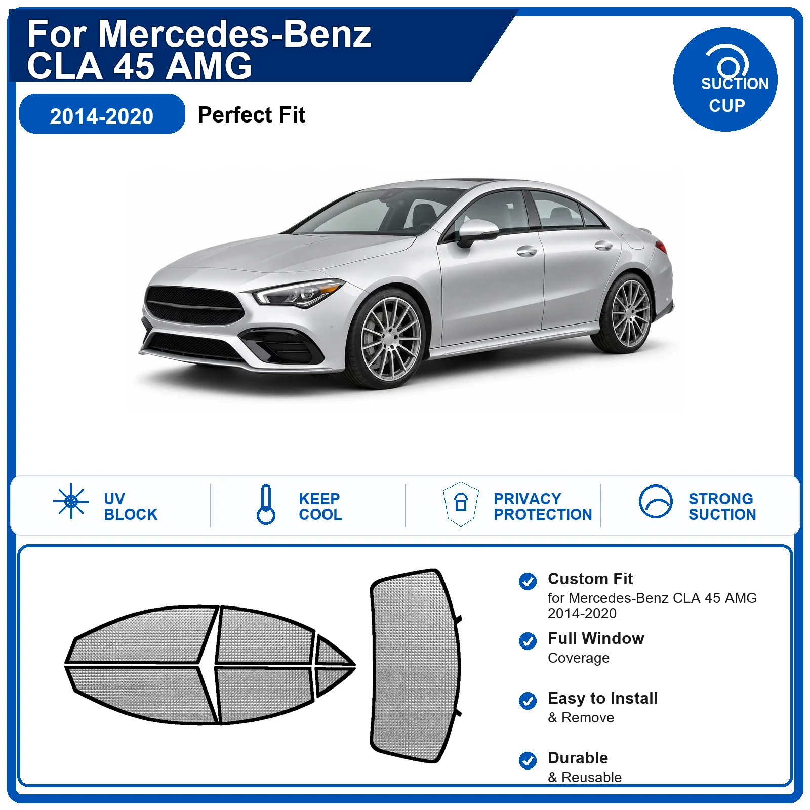 For Mercedes-Benz CLA 45 AMG 2014-2020 Custom Full Set Windshield Sun Shade Aluminum Foil Heat Insulation Anti UV Foldable
