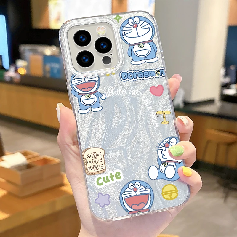 Cute Doraemon Camlet Laser Phone Case for iPhone 16 15 14 13 12 11 Pro Max XR XS X 8 7 6S 6 Plus SE 2020 2022 Hard Cover Funda