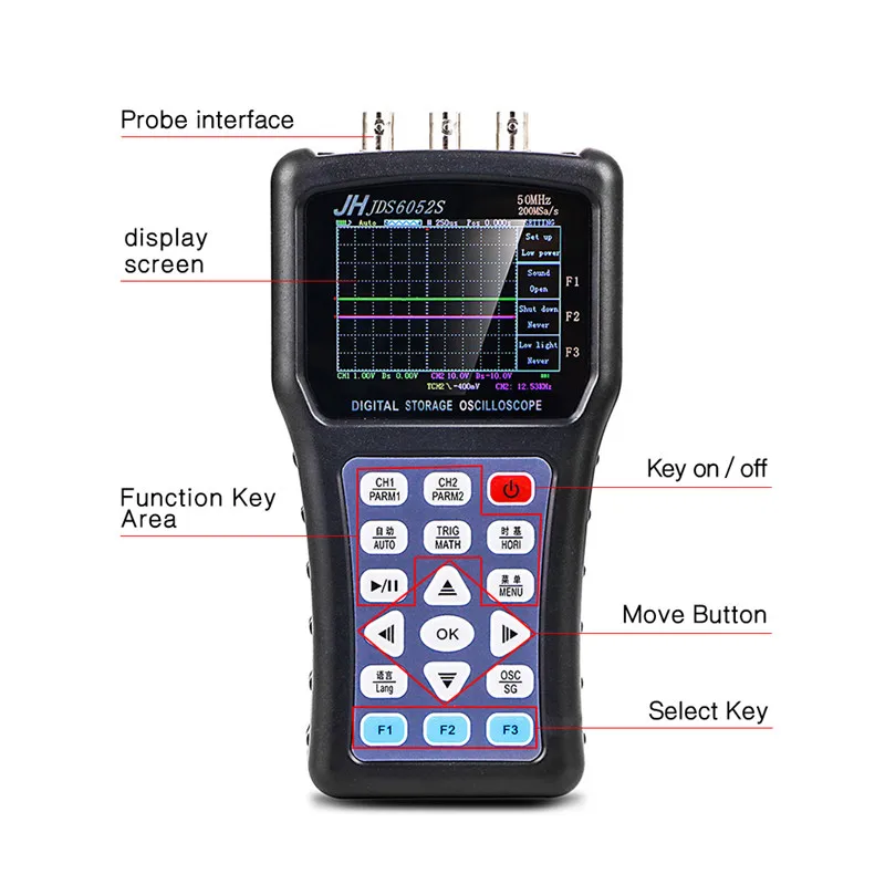 Handheld digital oscilloscope 2 channels Portuguese Russian Spanish 100mHz probe JDS6052S signal generator portable oscilloscope