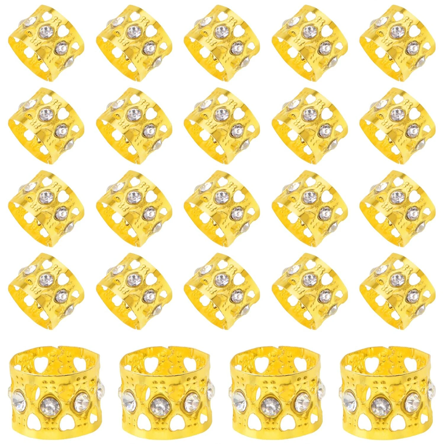 

50 шт. Золотые полые сердечки со стразами для дредов, кольца-зажимы для волос, металлические манжеты для плетения, украшения для волос