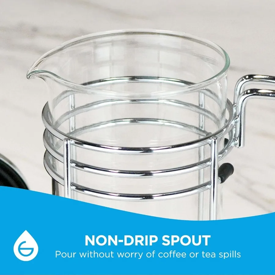 マドリッド フレンチプレス プレミアムコーヒー＆ティーメーカー 1.0L 34オンス ホウケイ酸ガラスビーカー デュアルフィルターシステム 濃厚な抽出 多用途