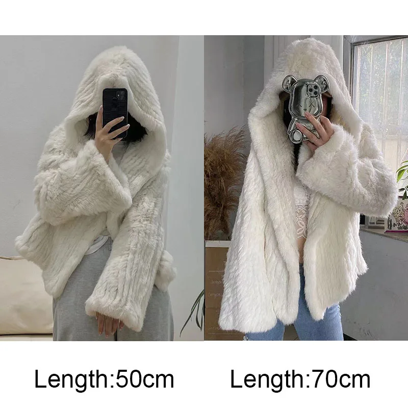 2023 Spring Knitted Real Rabbit Fur Coat With Hood Casual Loose Genuine Fur Hooded Jacket Female Outwear Ladies Natural Fur coat