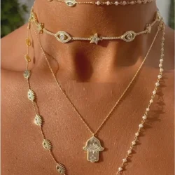 High Quality Fashion Women Jewelry Micro Pave CZ Sparking Bling Cute Lovely Evil Eye Star Charm Bar Geometric Necklace