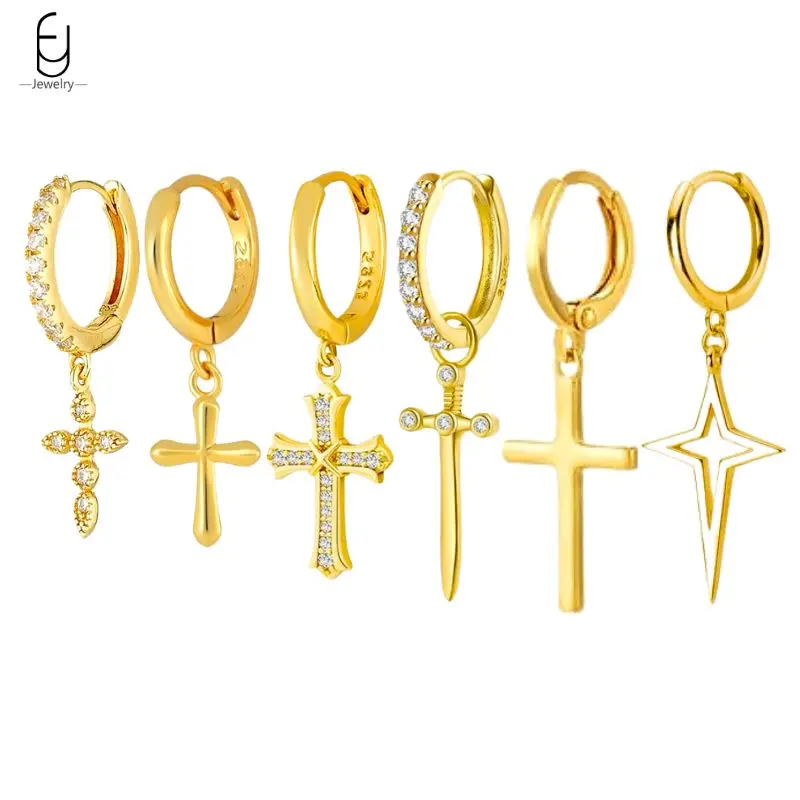 

925 Sterling Silver Needle Punk Creative Cross Pendant Earrings Pave Zircon Geometry Hoop Earrings for Women Fashion Jewelry
