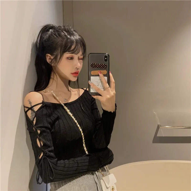 새로운 가을 밴디지 긴팔 니트 셔츠 여성 오프숄더 섹시 탑 슬림 시크 풀오버 솔리드 여성 탑