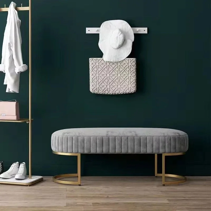 Modern Furniture Velvet Sofa Blue Tufted Button Footstool Gold Metal Legs Bench End Bed Bench