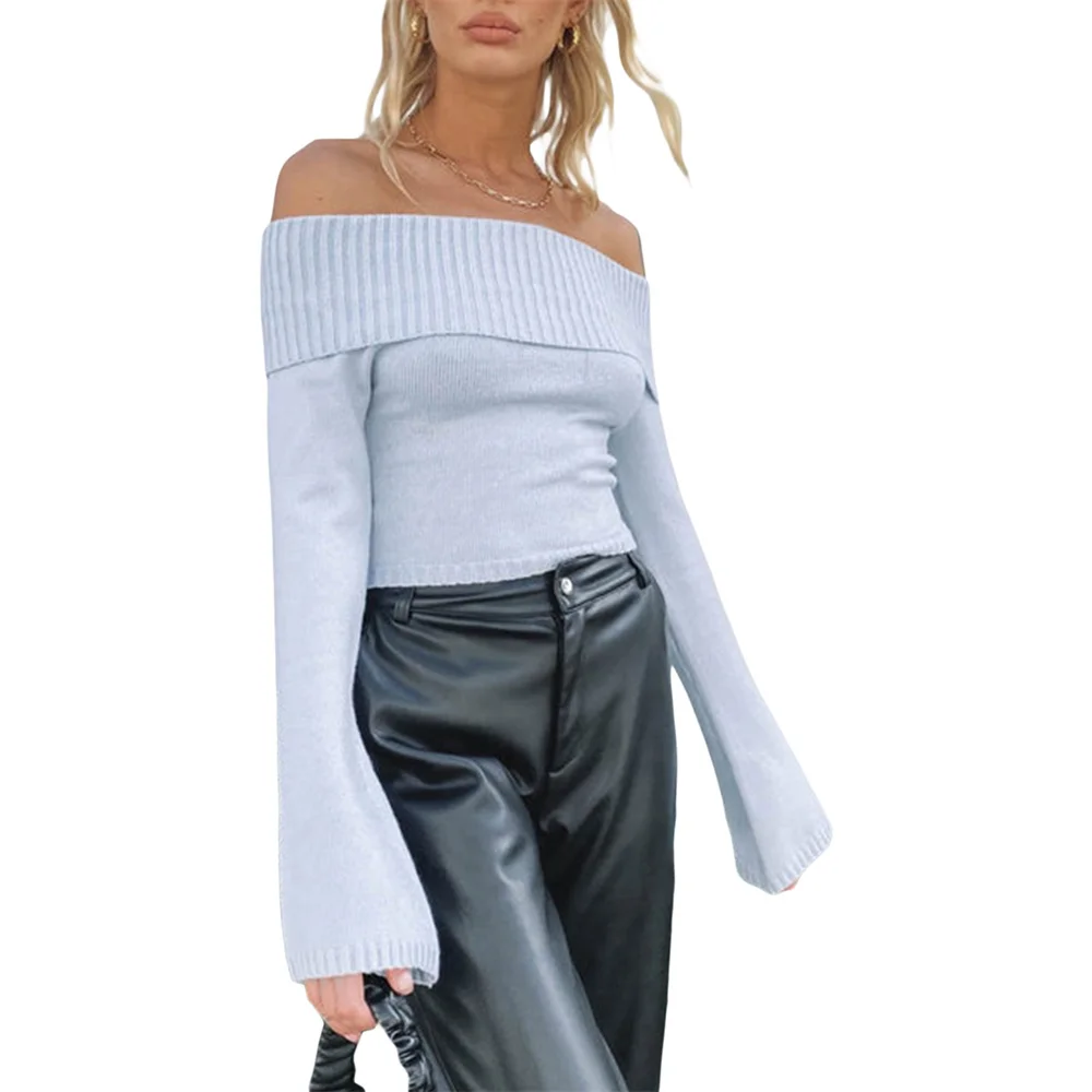 2023 New Women Off Shoulder Sweater Fairy Grunge Ribbed Knit Slim Jumper Long Sleeve Solid Cropped Pullover Tops Sweaters