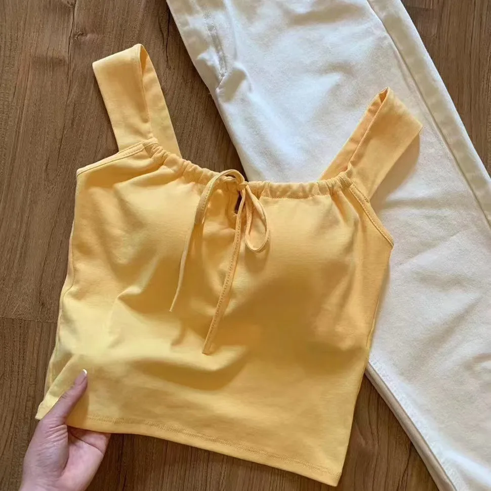 เสื้อกั๊กคอเหลี่ยมแบบใหม่ พร้อมแผ่นรองหน้าอก สายรัดเอว ช่วยให้ดูผอมเพรียว เหมาะสำหรับฤดูร้อน ใส่เที่ยวกลางแจ้ง สายคล้องไหล่กว้างแบบผูกปม แฟชั่นสำหรับผู้หญิง