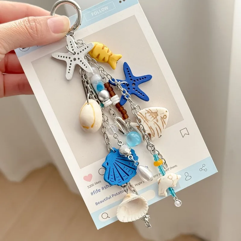 Ocean Starfish Keychain – Shell & Fish Beads, Niche Vacation Style, Versatile Bag Charm & Desk Decor.