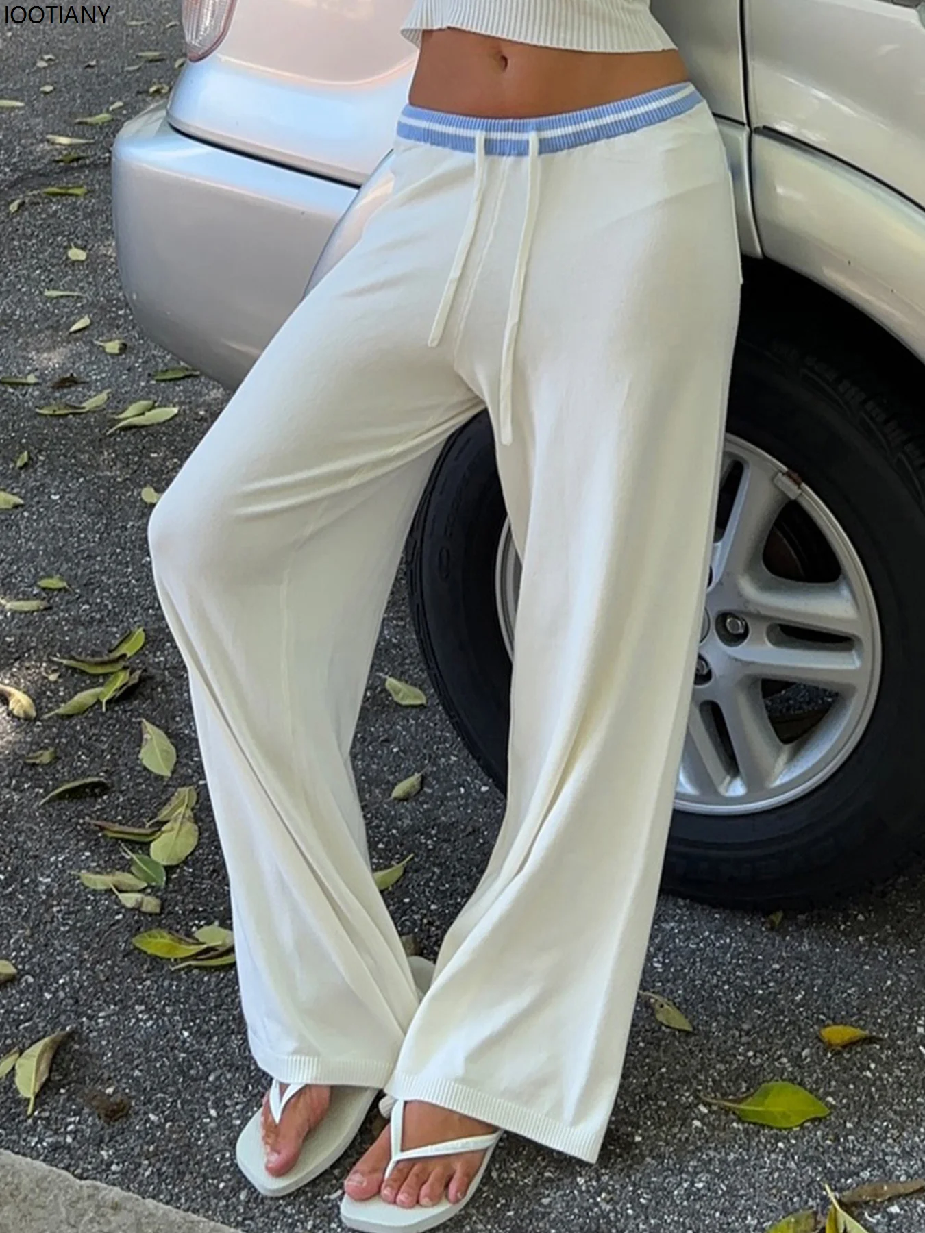 Holiday Transparent Knitted Casual Pants Striped White Lace-up Low Waist Loose Straight Pants Y2k Beautiful Women Summer Pants