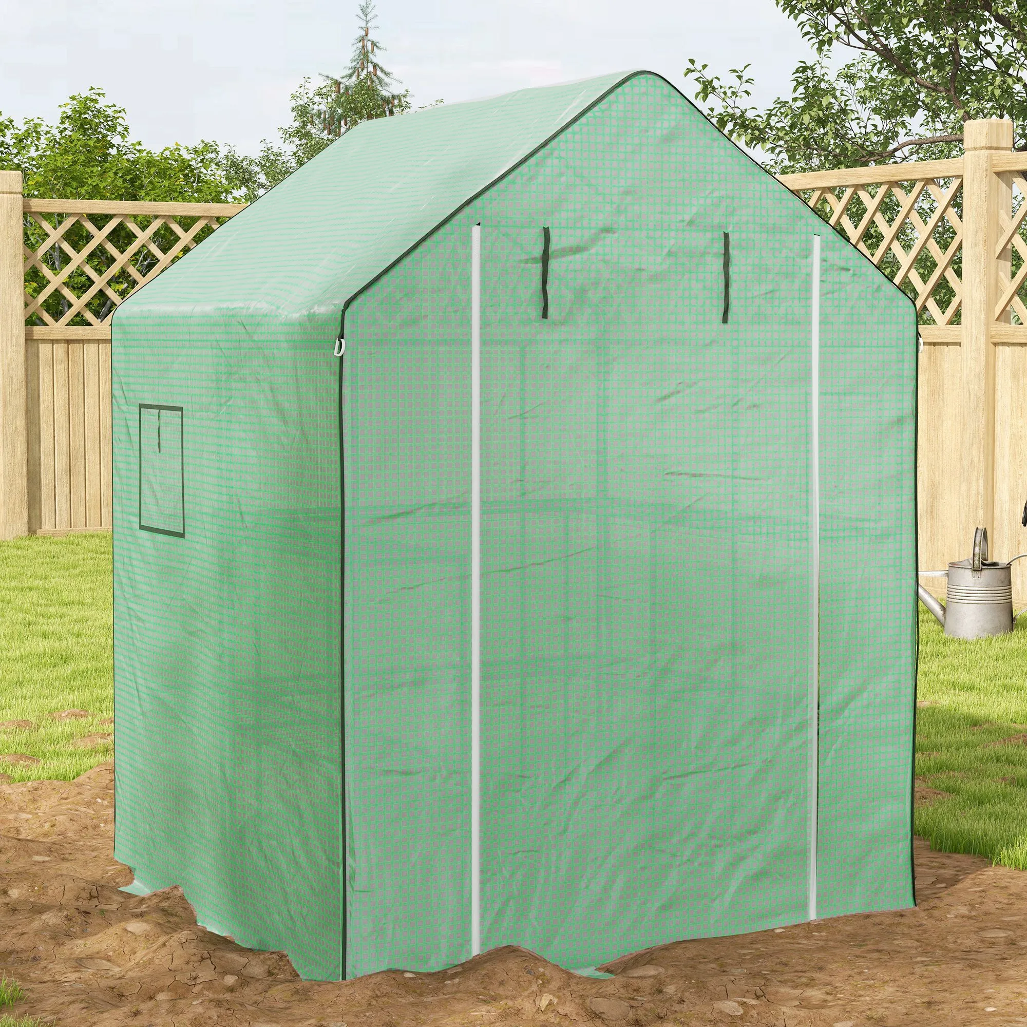 4.6x4.7ft Portable Greenhouse, Walk-in with 2-Tier U-Shaped Shelves, Roll-Up Door & Windows, Water/UV Resistant, Green