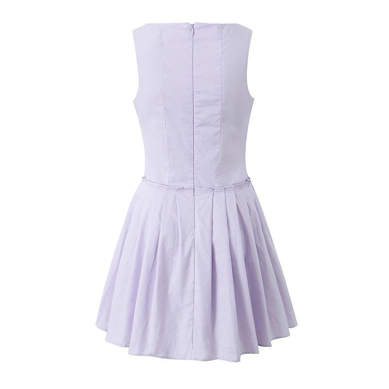 YENKYE Elegant Women Purple Hem Pleated Tank Mini Dress Sexy Sleeveless Square Neck Female Summer Dress Low Waist Robe Beautiful