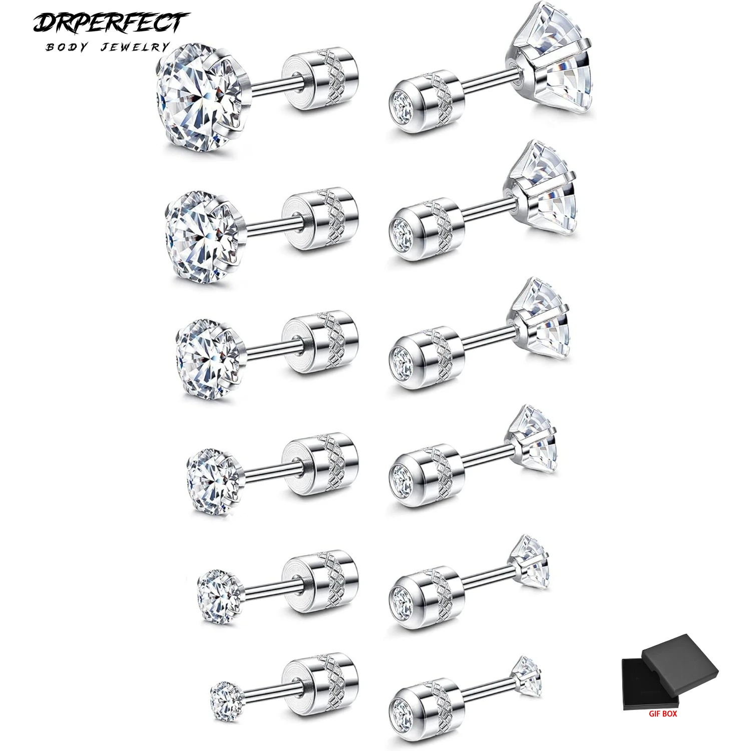 6Pairs Flat Back Earrings for Women Men Stainless Steel Stud Earrings Cubic Zirconia Cartilage Earrings for Sensitive Ears