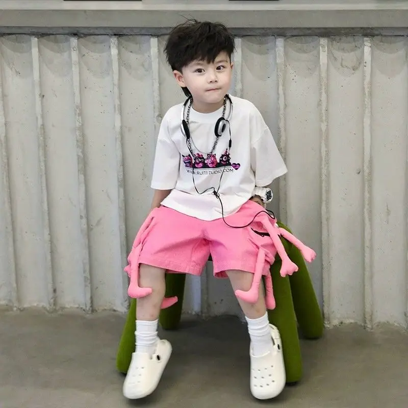 Korean Kids Clothes Boys\' Summer Female Child Clothes Children\'s Printed Cotton Short Sleeved T-shirt Shorts 2piece Sports Set