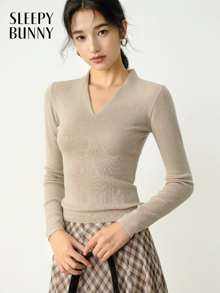 

Wool V Neck Knit Sweater Women Slim Long Sleeve Pullover Autumn Casual Base Top Elegant Ribbed Knitwear Slimming Outfit Fashion