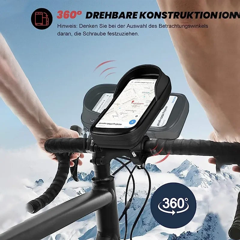 حقيبة حامل هاتف للدراجة مقاومة للماء IPX6 - 360 درجة °   شاشة تعمل باللمس للدراجة النارية الإلكترونية