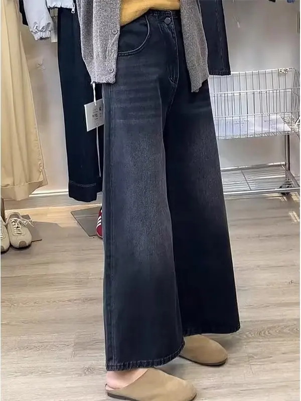 

High Waist Wide Leg Jeans Women's Black Grey Denim Pants Fall Winter plus Size Pear Shape Body Slim Straight Long Trousers