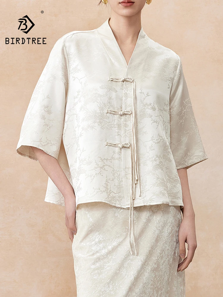 

BirdTree, 28MM 100%Real Silk Elegant Shirt, Women Half Sleeve Jacquard, Retro Chinese Style Blouses, 2024 Summer Autumn T47026QC