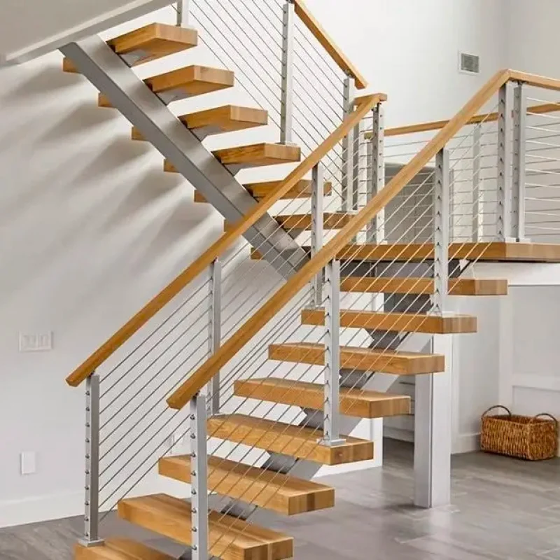 custom.Single Beam Floating Stairs Stainless Steel 316 Railing Cantilever Staircase Wooden Treads Modern Indoor Decorative