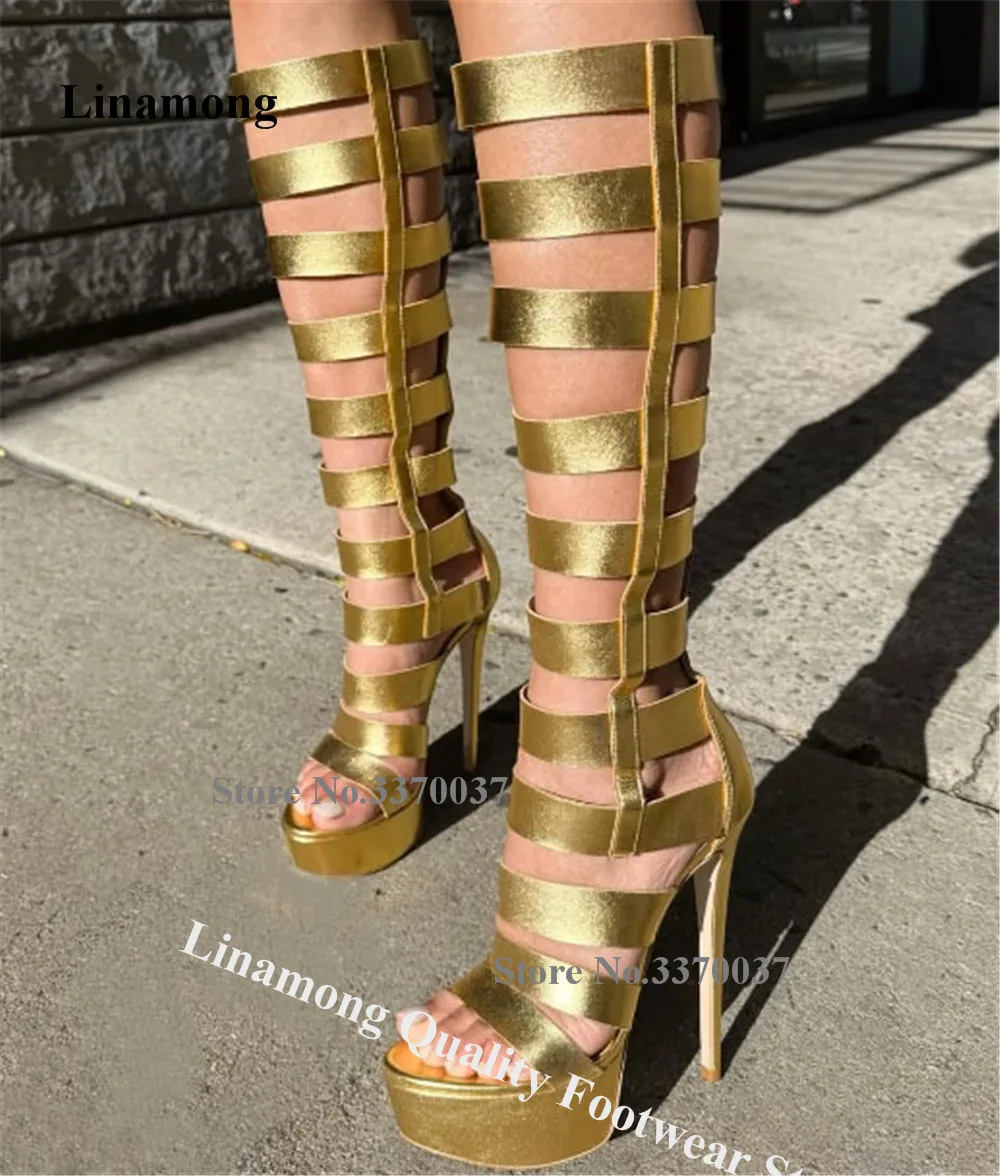 

Linamong Gold Black Matte Leather Strappy Cross Stiletto Heel Knee High Gladiator Boots Open Toe High Platform Thin Heel Boots