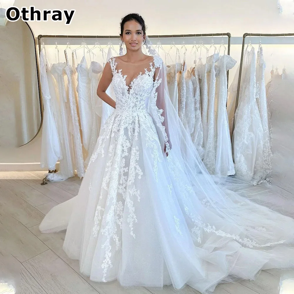 Othray-Robe de mariée en dentelle, vintage, col rond, transparente, pour les patients formels, dos nu, avec traîne, 2025