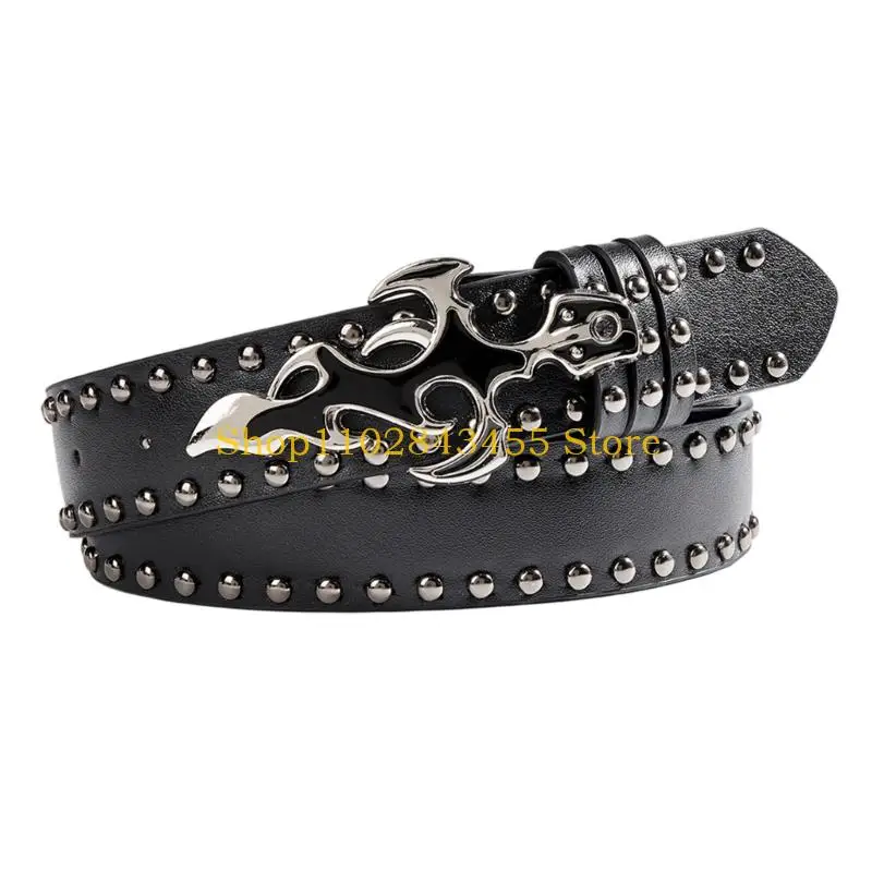 49MC Trendy Punk Rock Belt Waist Sash Feature Flame Shaped Clasp And Rivets Studs For Costume Decoration