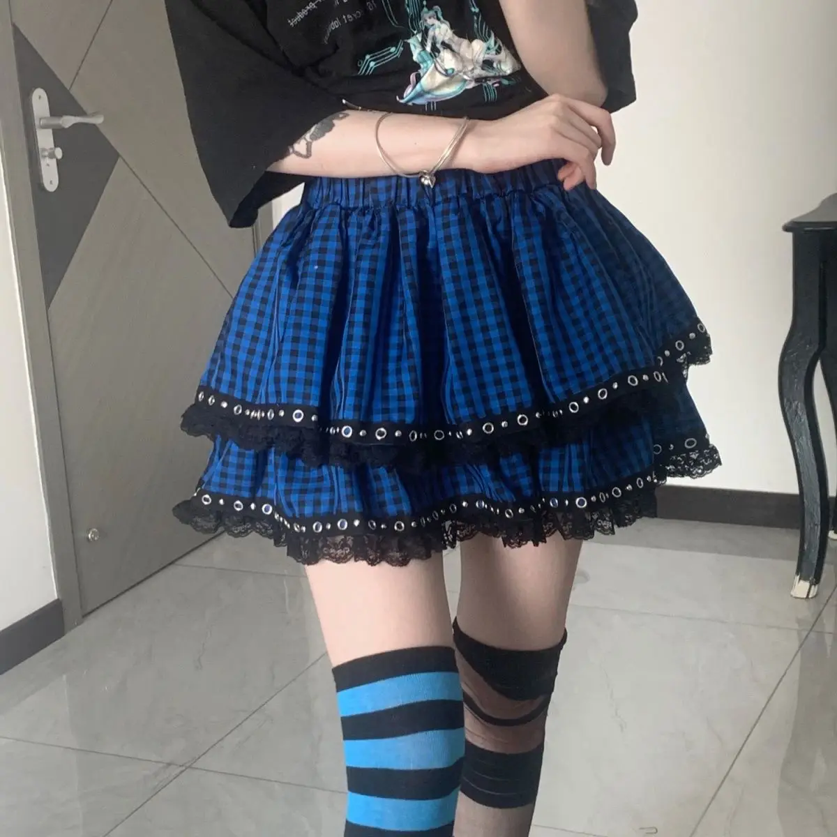 Harajuku Style Niche Subculture Plaid Willow Nail Lace Short Skirt Women'S Summer New Y2K Versatile Fluffy Cake Skirt