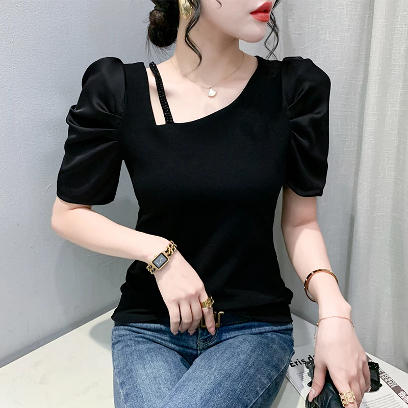 Sexy Diagonal Collar T-Shirt Women Short Sleeve Summer Fashion European Design Bubble Sleeve Top Slimming Half Sleeve Trendy Top
