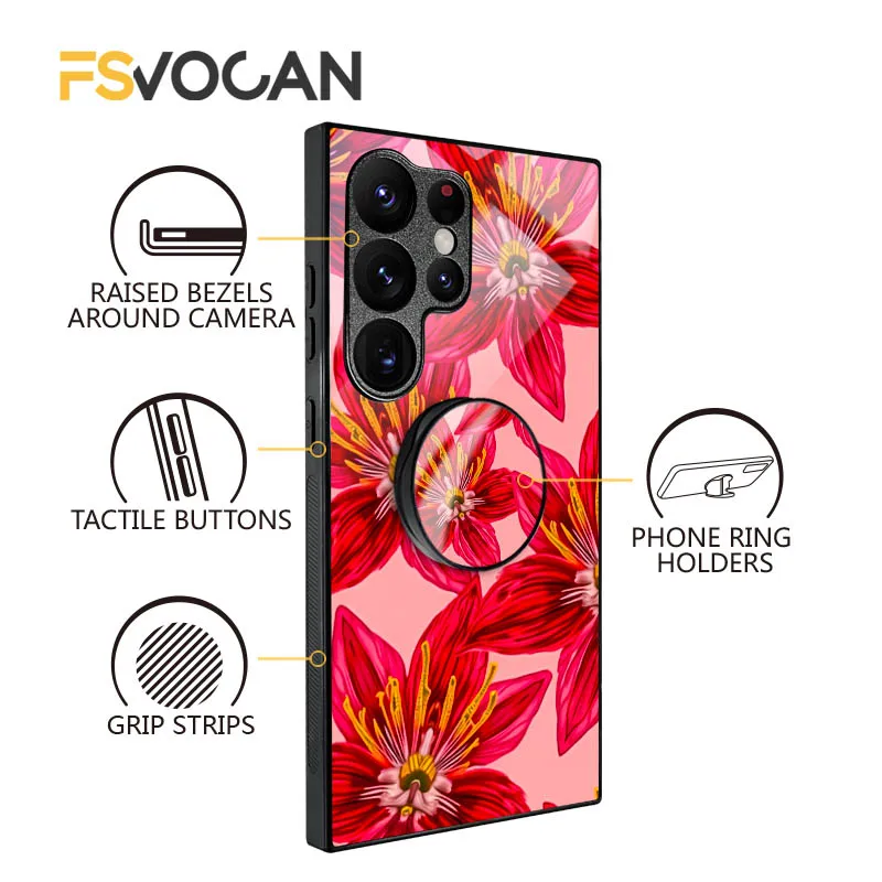 鮮やかな赤い花柄のスマホケース（ブラケット付き）Samsung Galaxy S26 S25 S24 S23 S22 S21 S20 Plus Ultra A53 A54 A32 A33 A34 A35 A55対応