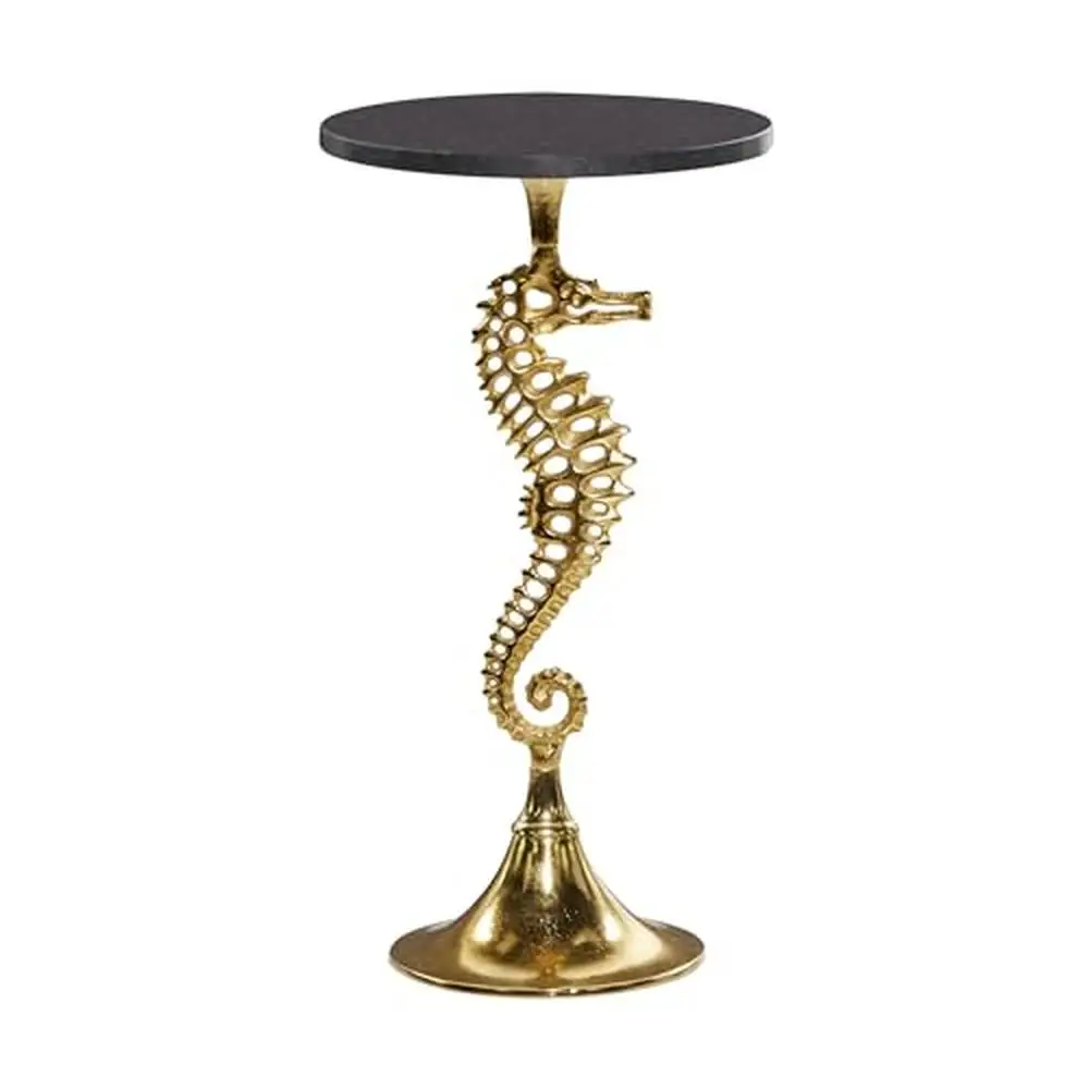 Aluminum Gold Coastal Side Table Seahorse Base Round Tray Marble Top Sophisticated Home Decor