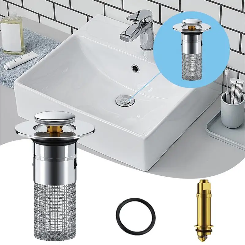 Sink Pop-Up Stopper Spring Core Bathtub Drain Cover Anti Clogging Push Type Sink Filter With Hair Catcher For 1.3 -1.5 Inches